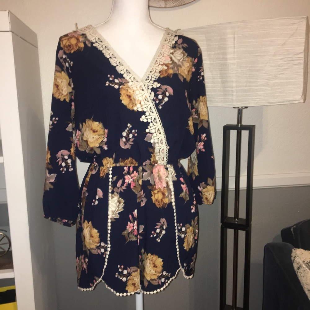 Navy Blue Floral Flower Jumper Romper Long Seeve